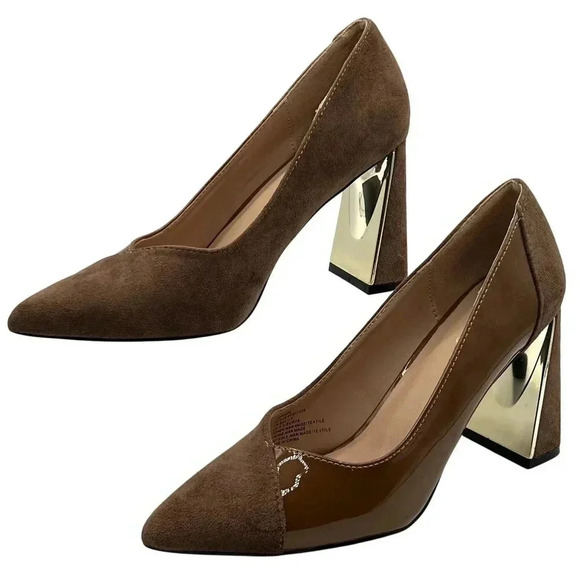 Torgeis NEW Womens 7.5 Block Heel Pumps Brown Suede & Patent Leather Minimalist - Picture 1 of 16